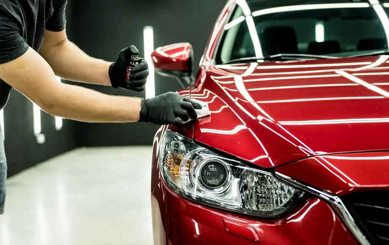 A technician machine-polishing a red car